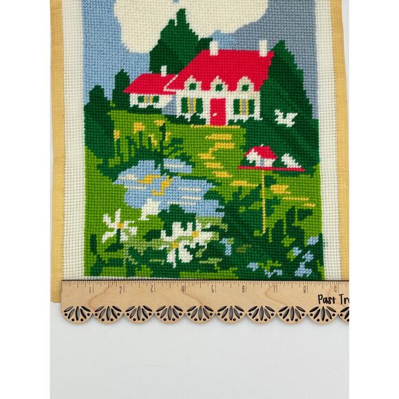 Vintage Unframed Needlepoint Country Scene Red White House 70s - Picture 4 of 5